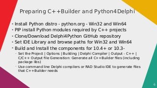 6
Preparing C++Builder and Python4Delphi
●
Install Python distro - python.org - Win32 and Win64
●
PIP install Python modul...