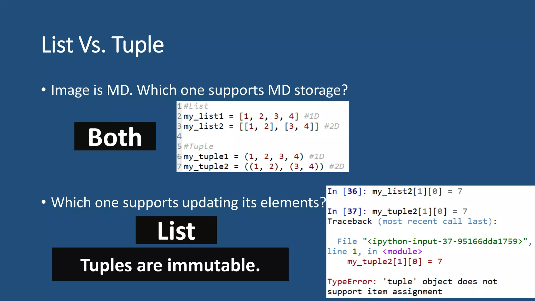 List Vs. Tuple
• Image is MD. Which one supports MD storage?
• Which one supports updating its elements?
Both
List
Tuples are immutable.
 