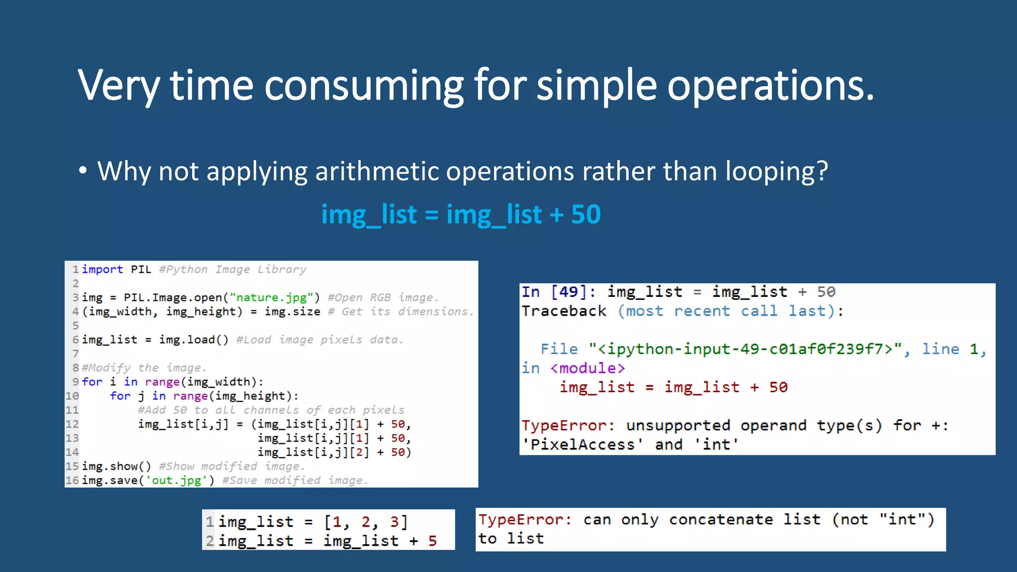 Very time consuming for simple operations.
• Why not applying arithmetic operations rather than looping?
img_list = img_list + 50
 