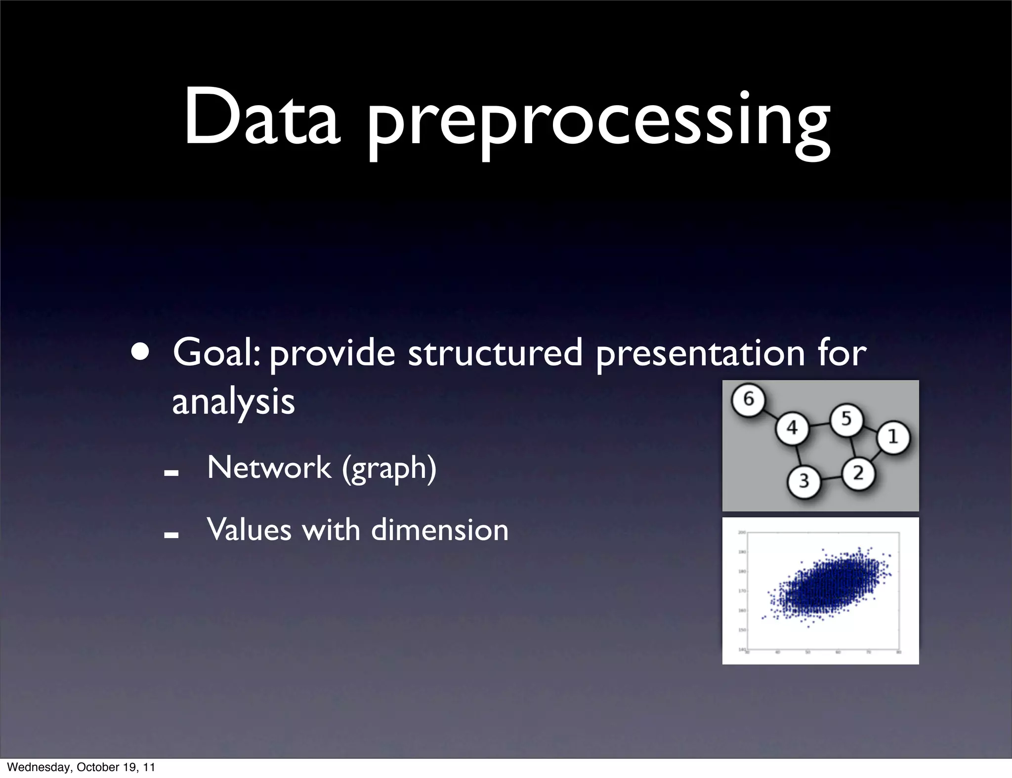 Data preprocessing • Goal: provide structured presentation for analysis - Network (graph) - Values with dimension Wednesday, October 19, 11 