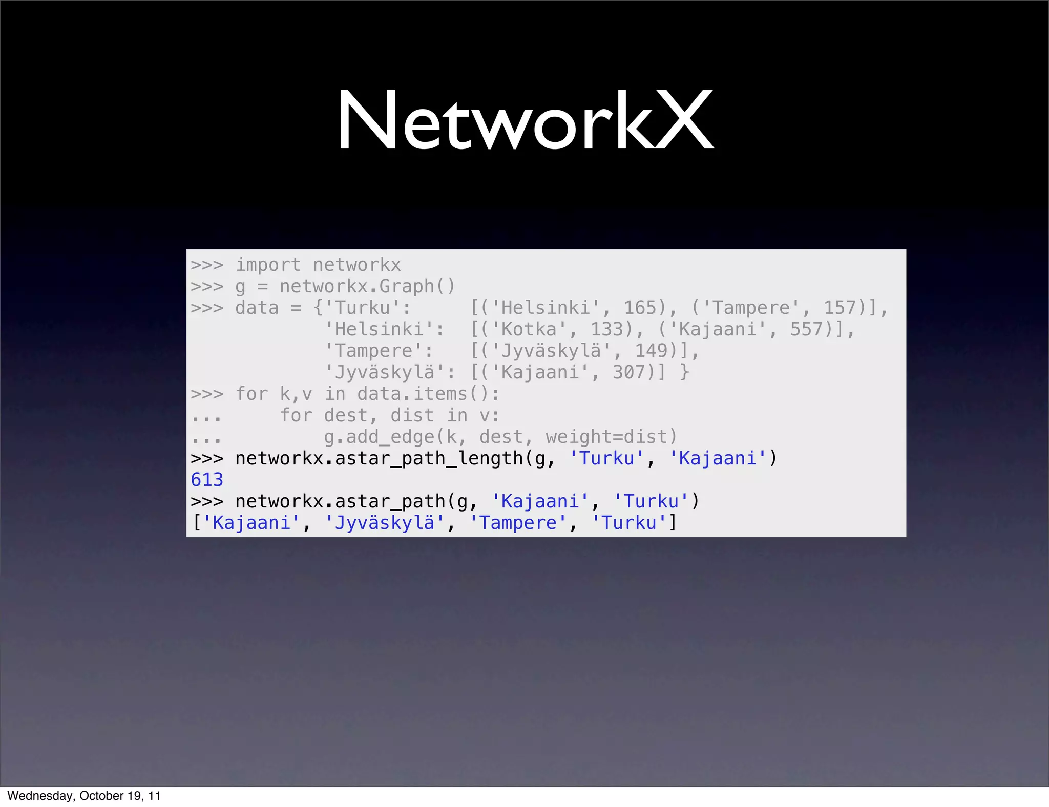 NetworkX >>> import networkx >>> g = networkx.Graph() >>> data = {'Turku': [('Helsinki', 165), ('Tampere', 157)], 'Helsinki': [('Kotka', 133), ('Kajaani', 557)], 'Tampere': [('Jyväskylä', 149)], 'Jyväskylä': [('Kajaani', 307)] } >>> for k,v in data.items(): ... for dest, dist in v: ... g.add_edge(k, dest, weight=dist) >>> networkx.astar_path_length(g, 'Turku', 'Kajaani') 613 >>> networkx.astar_path(g, 'Kajaani', 'Turku') ['Kajaani', 'Jyväskylä', 'Tampere', 'Turku'] Wednesday, October 19, 11 