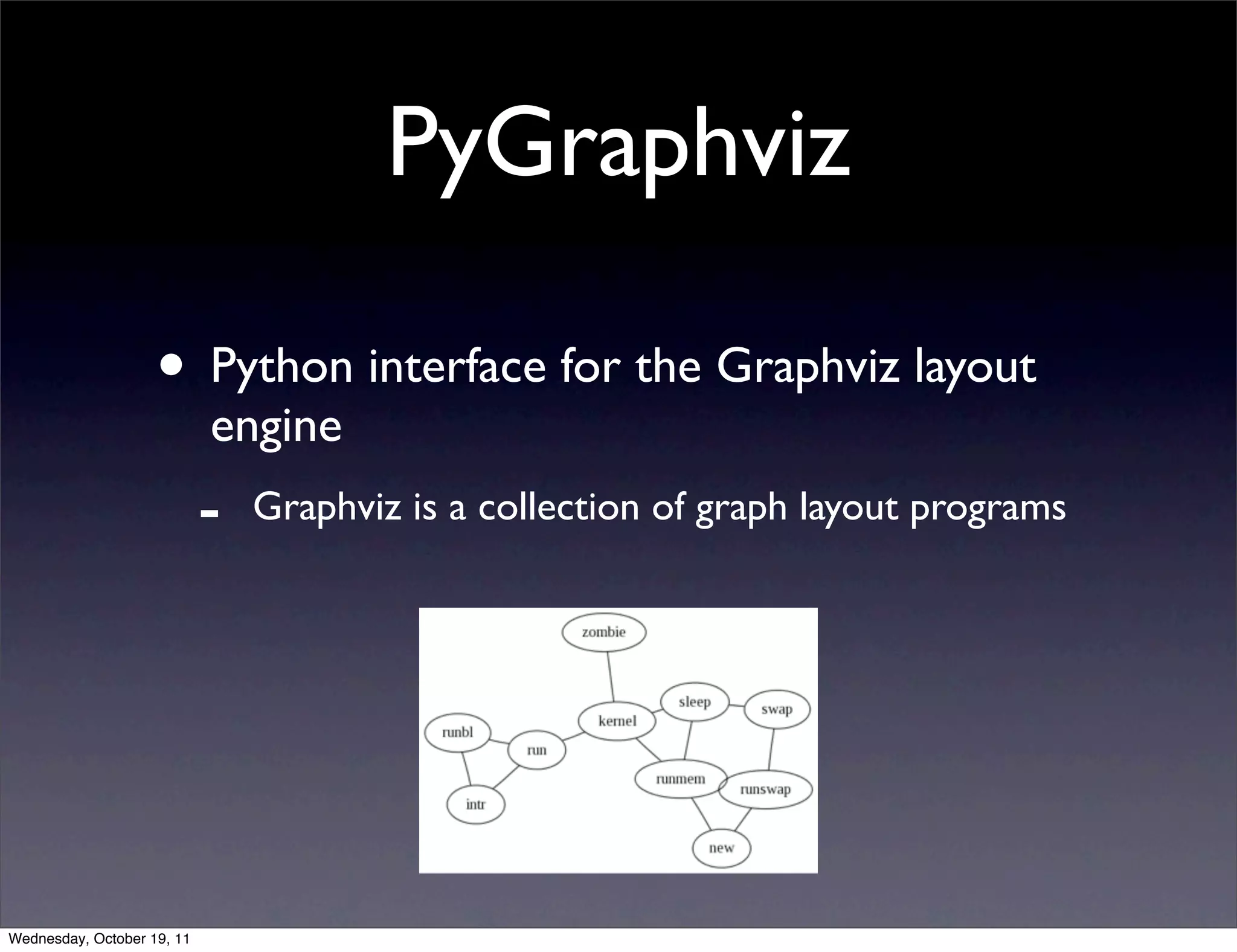 PyGraphviz • Python interface for the Graphviz layout engine - Graphviz is a collection of graph layout programs Wednesday, October 19, 11 