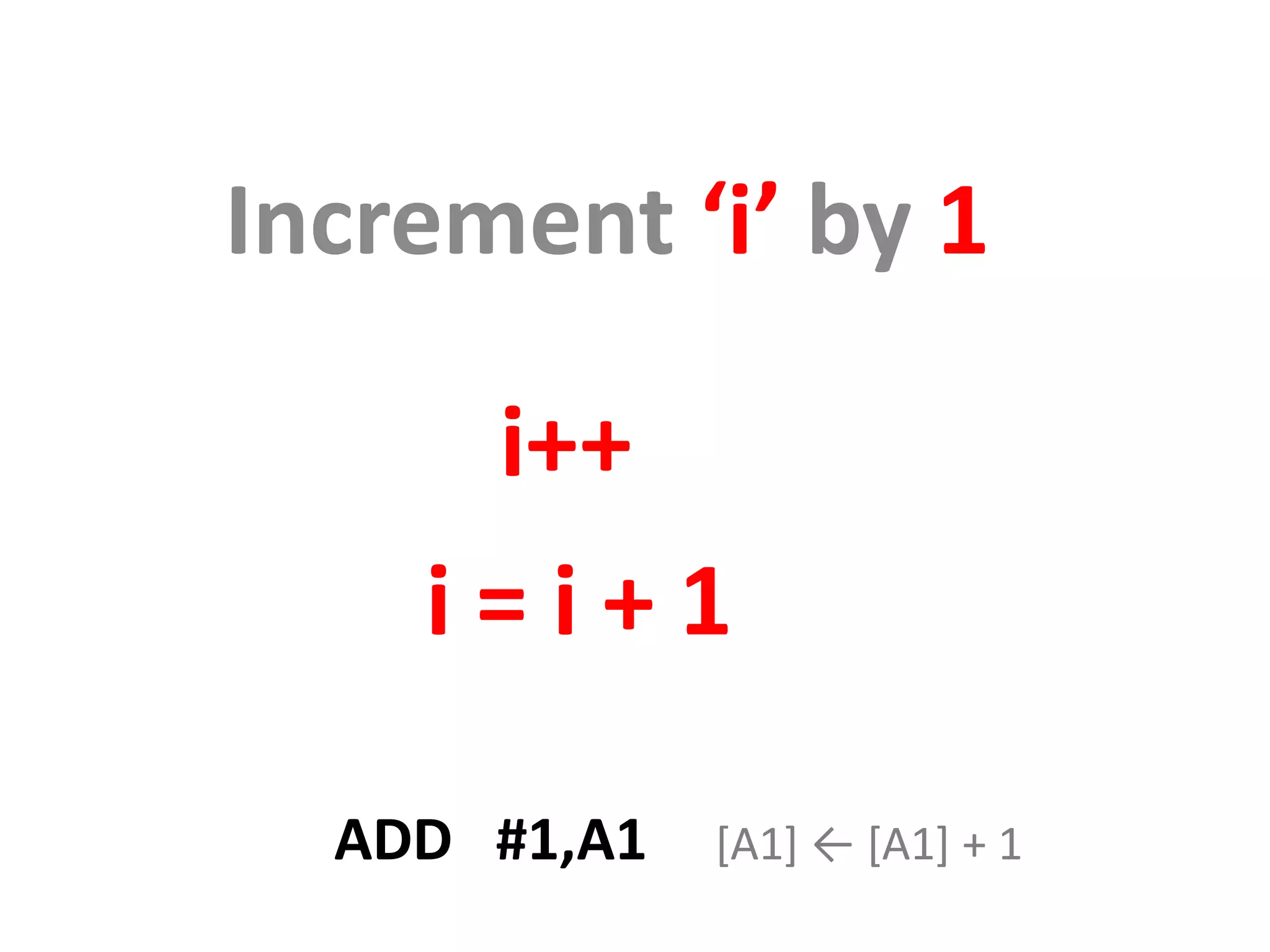Increment ‘i’ by 1 i++ i=i+1 ADD #1,A1 [A1] ← [A1] + 1 