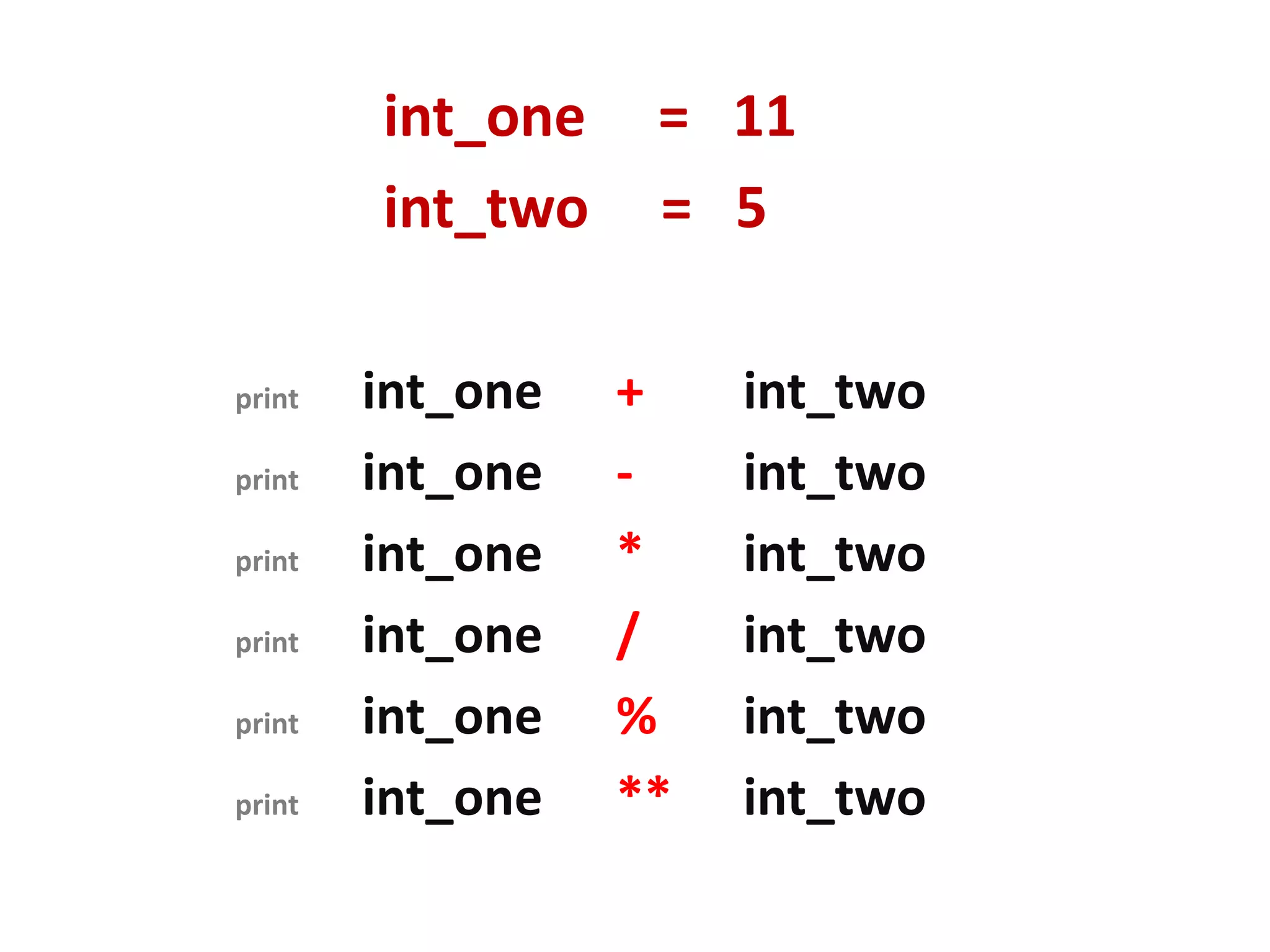 int_one = 11 int_two = 5 print int_one + int_two print int_one - int_two print int_one * int_two print int_one / int_two print int_one % int_two print int_one ** int_two 