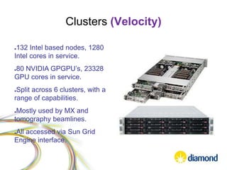 Clusters (Velocity)
●132 Intel based nodes, 1280
Intel cores in service.
●80 NVIDIA GPGPU’s, 23328
GPU cores in service.
●Split across 6 clusters, with a
range of capabilities.
●Mostly used by MX and
tomography beamlines.
●All accessed via Sun Grid
Engine interface.
 