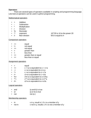 Operators
There are several types of operators available in scripting and programming language.
Lets look at operators can be used in python-programming.
Mathematical operators
• + Addition
• - Subtraction
• * Multiplication
• / Division
• % Reminder
• ** exponent 10**20 is 10 to the power 20
• // floor division 9//2 is equal to 4
Comparison operators
• == equal
• != not equal
• <> not equal
• > greater than
• < less than
• >= greater than or equal
• <= less than or equal
Assignment operators
• = equal
• += c +=a is equivalent to c = c+a
• -= c-=a is equivalent to c=c-a
• *= c =a is equivalent to c= c*a
• /= c/=a is equivalent to c =c/a
• %= c%=a is equivalent to c=c%a
• **= c**=a is equivalent to c=c**a
• //= c//=a is equivalent to c=c//a
Logical operators
• and (a and b) is true
• or (a or b) is true
• not not (a )
Membership operators
• in x in y, result is 1 if x is a member of y
• not in x not in y, results 1 if x is not a member of y
 