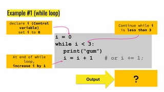 Example #1 (while loop)
i = 0
while i < 3:
print(“gum”)
i = i + 1 # or i += 1;
Output ?
declare i (Control
variable)
set i...