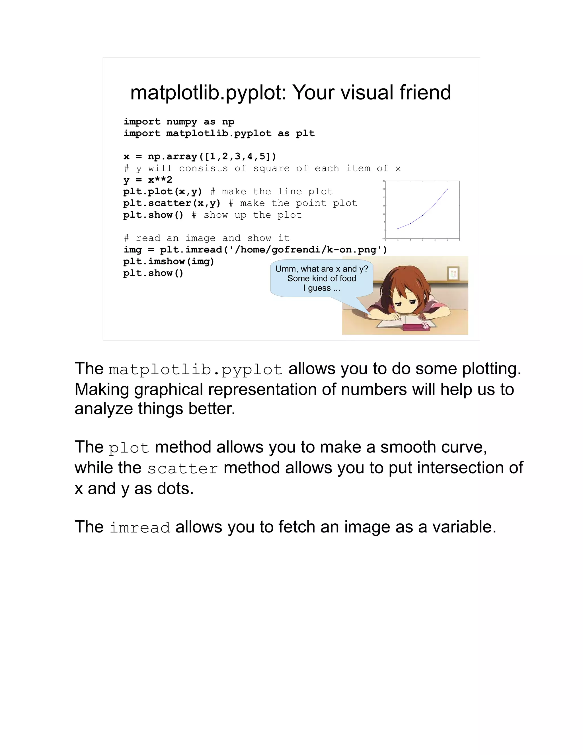 matplotlib.pyplot: Your visual friend import numpy as np import matplotlib.pyplot as plt x = np.array([1,2,3,4,5]) # y will consists of square of each item of x y = x**2 plt.plot(x,y) # make the line plot plt.scatter(x,y) # make the point plot plt.show() # show up the plot # read an image and show it img = plt.imread('/home/gofrendi/k-on.png') plt.imshow(img) plt.show() Umm, what are x and y? Some kind of food I guess ... The matplotlib.pyplot allows you to do some plotting. Making graphical representation of numbers will help us to analyze things better. The plot method allows you to make a smooth curve, while the scatter method allows you to put intersection of x and y as dots. The imread allows you to fetch an image as a variable. 