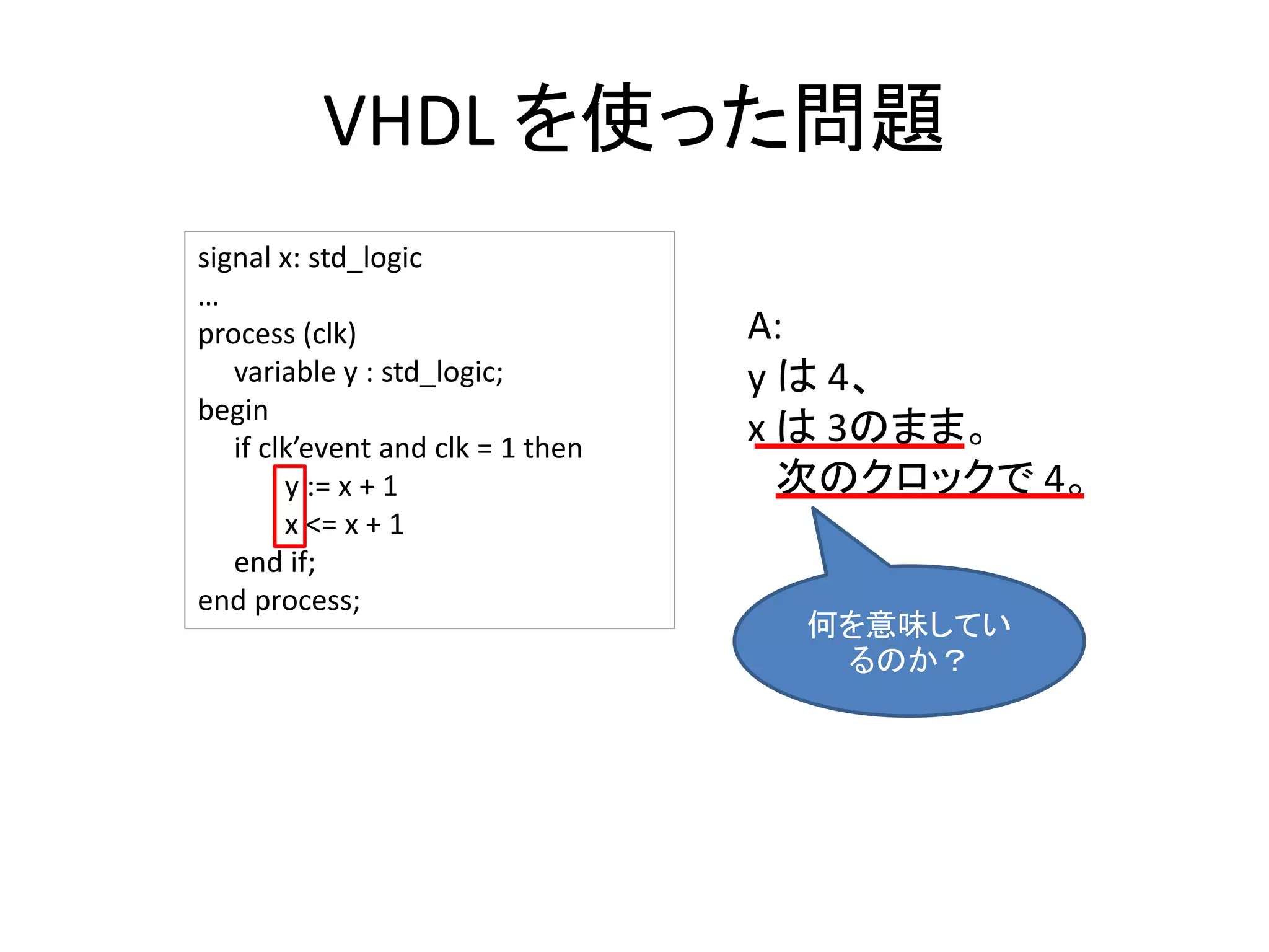VHDL を使った問題
signal x: std_logic
…
process (clk)
variable y : std_logic;
begin
if clk’event and clk = 1 then
y := x + 1
x <= x + 1
end if;
end process;
A:
y は 4、
x は 3のまま。
次のクロックで 4。
何を意味してい
るのか？
 