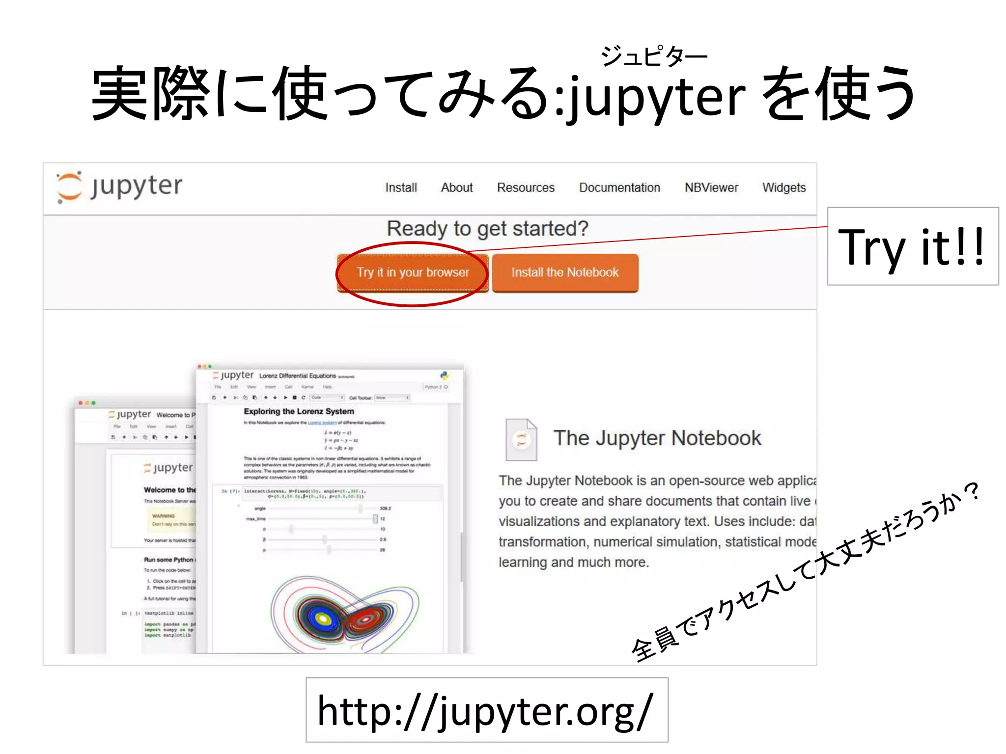 実際に使ってみる:jupyter を使う
ジュピター
Try it!!
http://jupyter.org/
 