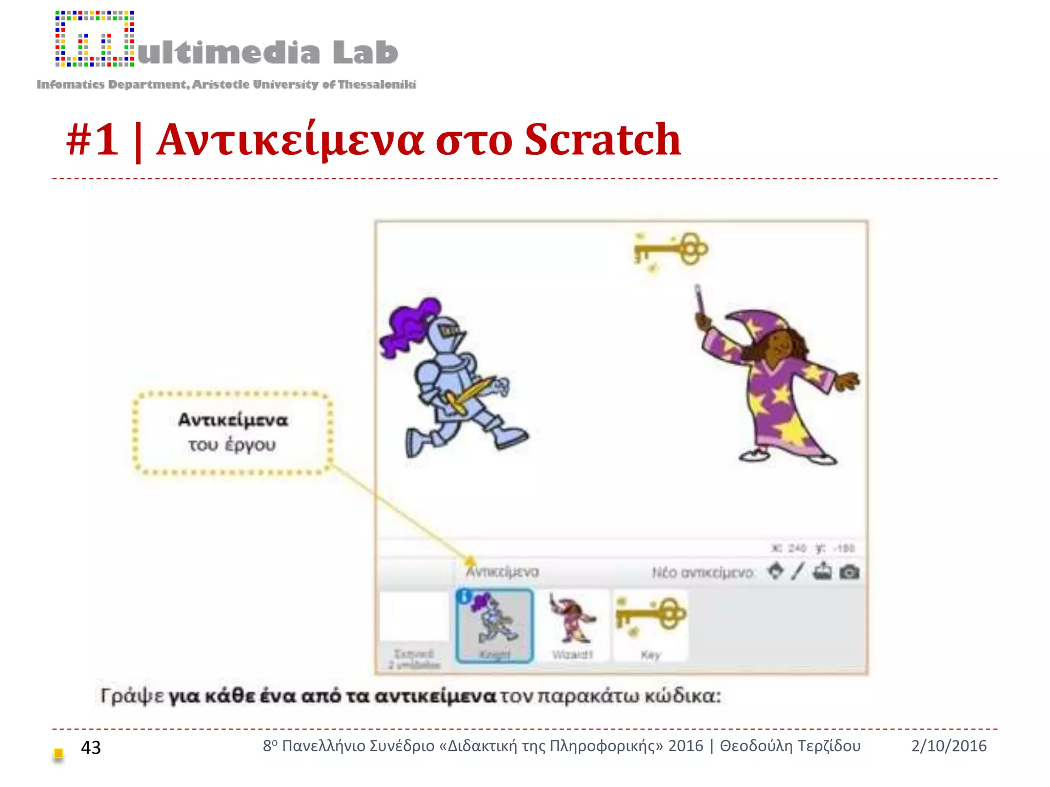#1 | Αντικείμενα στο Scratch
43 2/10/20168ο Πανελλήνιο Συνέδριο «Διδακτική της Πληροφορικής» 2016 | Θεοδούλη Τερζίδου
 