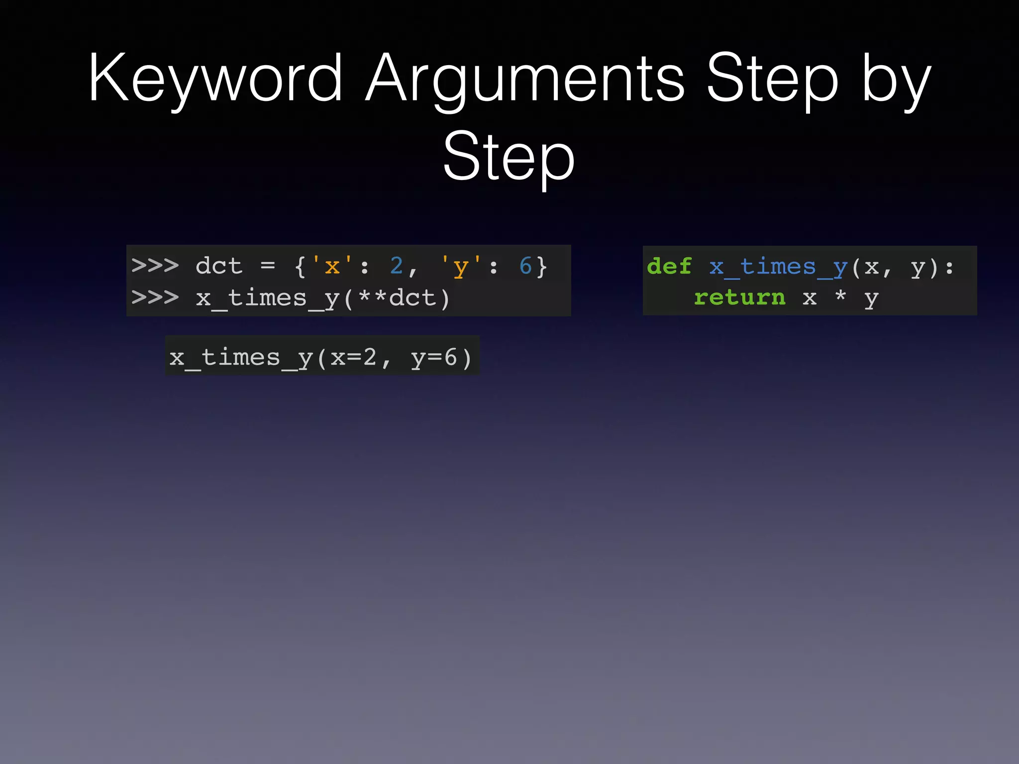 Keyword Arguments Step by 
Step 
>>> dct = {'x': 2, 'y': 6}! 
>>> x_times_y(**dct) 
x_times_y(x=2, y=6) 
def x_times_y(x, y):! 
return x * y 
 