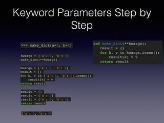 Keyword Parameters Step by 
Step 
>>> make_dict(a=5, b=6) def make_dict(**kwargs):! 
result = {}! 
for k, v in kwargs.items():! 
result[k] = v! 
return result 
kwargs = {'a': 5, 'b': 6}! 
make_dict(**kwargs) 
kwargs = {'a': 5, 'b': 6}! 
result = {}! 
for k, v in {'a': 5, 'b': 6}.items():! 
result[k] = v! 
return result 
result = {}! 
result = {'a': 5}! 
result = {'a': 5, 'b': 6}! 
return result 
{'a': 5, 'b': 6} 
 