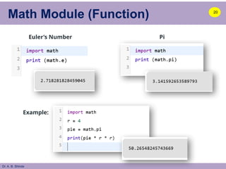 Dr. A. B. Shinde
Math Module (Function) 20
Euler’s Number Pi
Example:
 