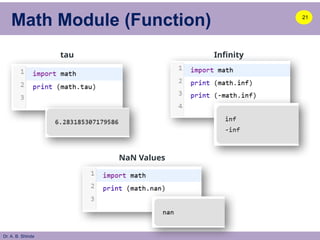Dr. A. B. Shinde
Math Module (Function) 21
tau Infinity
NaN Values
 