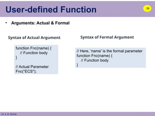 Dr. A. B. Shinde
User-defined Function
• Arguments: Actual & Formal
28
function Fnc(name) {
// Function body
}
// Actual Parameter
Fnc(“ECS");
Syntax of Actual Argument
// Here, 'name' is the formal parameter
function Fnc(name) {
// Function body
}
Syntax of Formal Argument
 