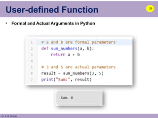 Dr. A. B. Shinde
User-defined Function
• Formal and Actual Arguments in Python
29
 