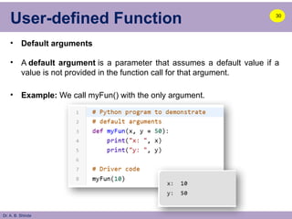Dr. A. B. Shinde
User-defined Function
• Default arguments
• A default argument is a parameter that assumes a default value if a
value is not provided in the function call for that argument.
• Example: We call myFun() with the only argument.
30
 