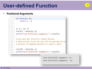 Dr. A. B. Shinde
User-defined Function
• Positional Arguments
33
 