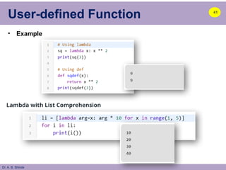 Dr. A. B. Shinde
User-defined Function
• Example
41
Lambda with List Comprehension
 