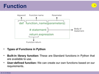 Dr. A. B. Shinde
Function
• Types of Functions in Python
• Built-in library function: These are Standard functions in Python that
are available to use.
• User-defined function: We can create our own functions based on our
requirements.
5
 