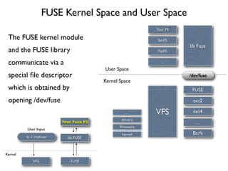 FUSE Kernel Space and User Space
                                                          Your FS

 The FUSE kernel module                                   SshFS
                                                                    lib Fuse
 and the FUSE library                                     FtpFS


 communicate via a                                          ...
                                         User Space
 special ﬁle descriptor                                             /dev/fuse
                                         Kernel Space
 which is obtained by                                                FUSE

 opening /dev/fuse                                                   ext2

                                                   ...    VFS        ext4
                                                drivers
                          Your Fuse FS                                 ...
                                                ﬁrmware
         User Input
                                                 kernel              Btrfs
         ls -l /myfuse/     lib FUSE



Kernel
             VFS              FUSE
 