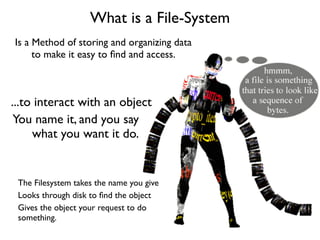 What is a File-System
Is a Method of storing and organizing data
     to make it easy to ﬁnd and access.



...to interact with an object
 You name it, and you say
     what you want it do.


 The Filesystem takes the name you give
 Looks through disk to ﬁnd the object
 Gives the object your request to do
 something.
 