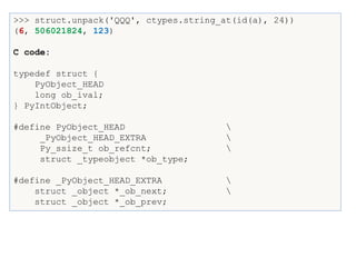 >>> struct.unpack('QQQ', ctypes.string_at(id(a), 24))
(6, 506021824, 123)
C code:
typedef struct {
PyObject_HEAD
long ob_ival;
} PyIntObject;
#define PyObject_HEAD 
_PyObject_HEAD_EXTRA 
Py_ssize_t ob_refcnt; 
struct _typeobject *ob_type;
#define _PyObject_HEAD_EXTRA 
struct _object *_ob_next; 
struct _object *_ob_prev;
 