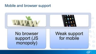 Mobile and browser support
No browser
support (JS
monopoly)
Weak support
for mobile
 