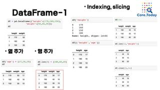 DataFrame-1
• Indexing, slicing
• 열 추가 • 행 추가
 