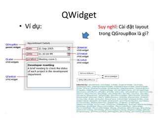 QWidget
• Ví dụ: Suy nghĩ: Cài đặt layout
trong QGroupBox là gì?
 