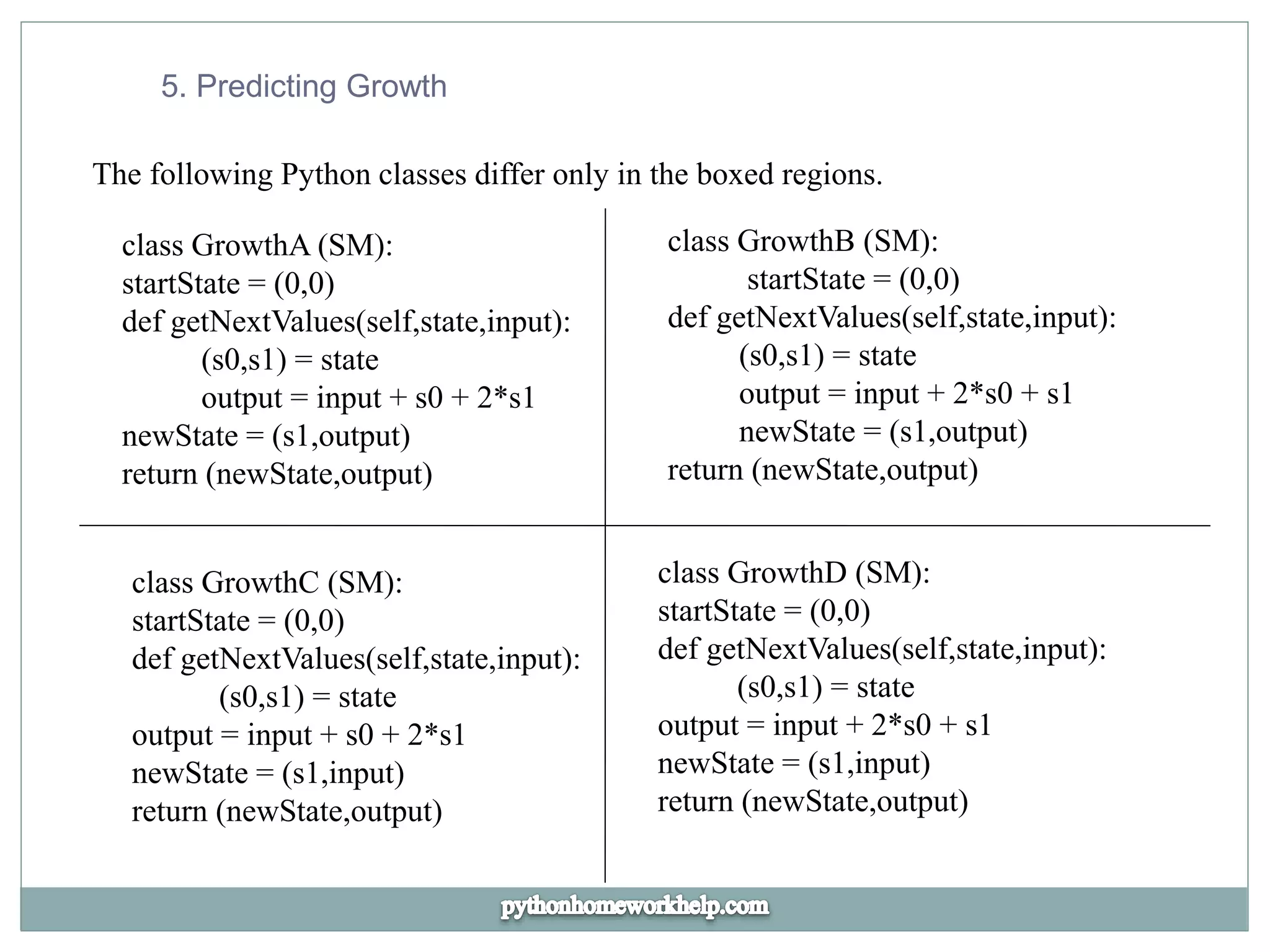 5. Predicting Growth
The following Python classes differ only in the boxed regions.
class GrowthA (SM):
startState = (0,0)
def getNextValues(self,state,input):
(s0,s1) = state
output = input + s0 + 2*s1
newState = (s1,output)
return (newState,output)
class GrowthB (SM):
startState = (0,0)
def getNextValues(self,state,input):
(s0,s1) = state
output = input + 2*s0 + s1
newState = (s1,output)
return (newState,output)
class GrowthC (SM):
startState = (0,0)
def getNextValues(self,state,input):
(s0,s1) = state
output = input + s0 + 2*s1
newState = (s1,input)
return (newState,output)
class GrowthD (SM):
startState = (0,0)
def getNextValues(self,state,input):
(s0,s1) = state
output = input + 2*s0 + s1
newState = (s1,input)
return (newState,output)
 