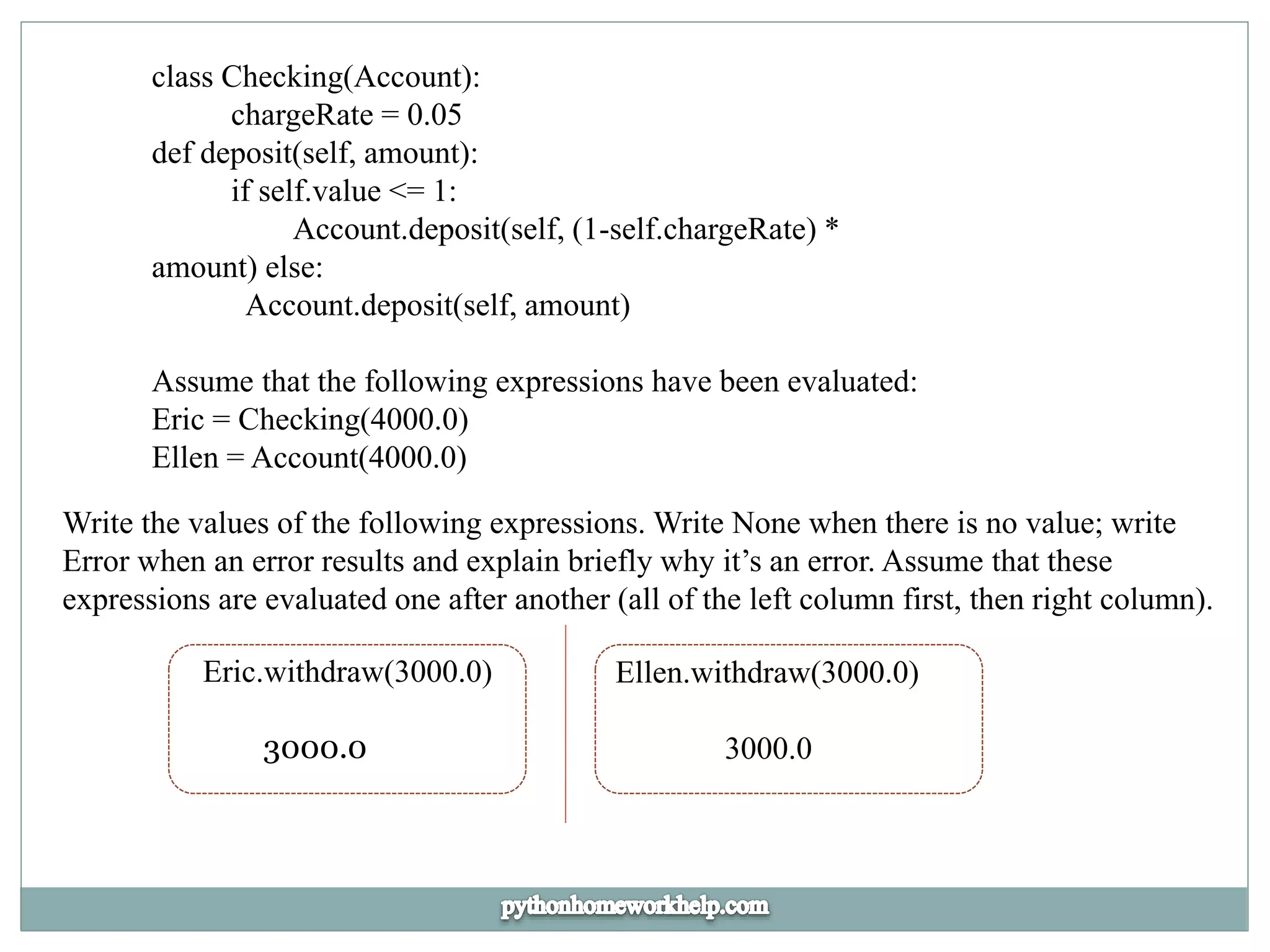class Checking(Account):
chargeRate = 0.05
def deposit(self, amount):
if self.value <= 1:
Account.deposit(self, (1-self.chargeRate) *
amount) else:
Account.deposit(self, amount)
Assume that the following expressions have been evaluated:
Eric = Checking(4000.0)
Ellen = Account(4000.0)
Write the values of the following expressions. Write None when there is no value; write
Error when an error results and explain briefly why it’s an error. Assume that these
expressions are evaluated one after another (all of the left column first, then right column).
Eric.withdraw(3000.0)
3000.0
Ellen.withdraw(3000.0)
3000.0
 