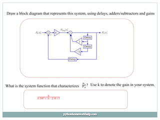 Draw a block diagram that represents this system, using delays, adders/subtractors and gains
What is the system function that characterizes Use k to denote the gain in your system.
 