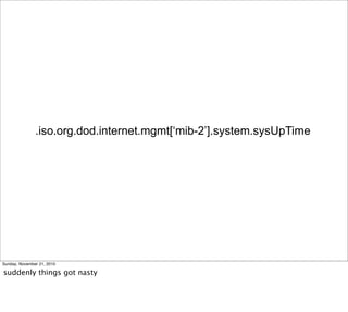 .iso.org.dod.internet.mgmt[‘mib-2’].system.sysUpTime




Sunday, November 21, 2010

suddenly things got nasty
 