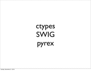 ctypes
                            SWIG
                            pyrex


Sunday, November 21, 2010
 