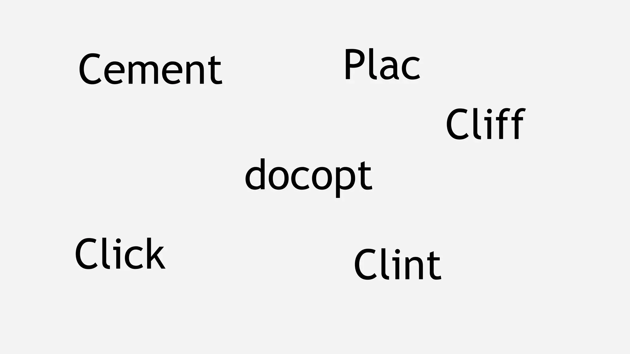 Clint
Cliff
Click
Cement
docopt
Plac
 