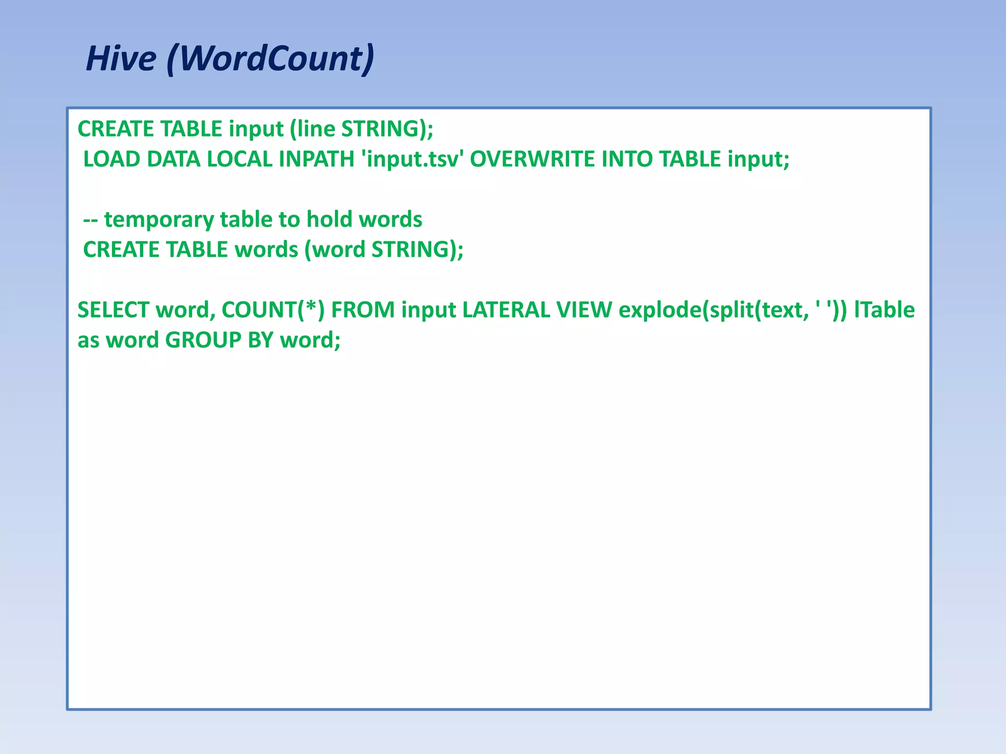 Hive (WordCount)
CREATE TABLE input (line STRING);
LOAD DATA LOCAL INPATH 'input.tsv' OVERWRITE INTO TABLE input;

-- temporary table to hold words
CREATE TABLE words (word STRING);

SELECT word, COUNT(*) FROM input LATERAL VIEW explode(split(text, ' ')) lTable
as word GROUP BY word;
 