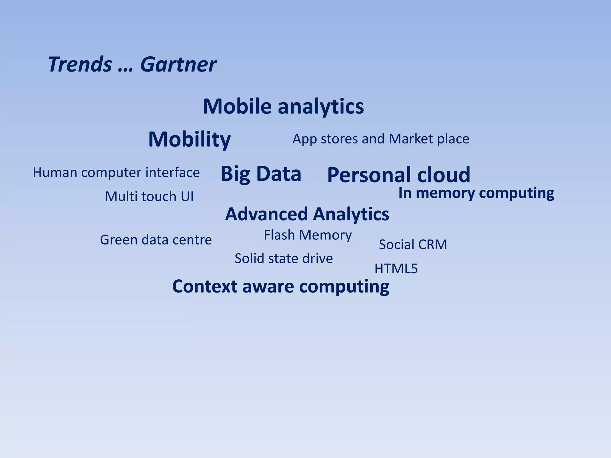 Trends … Gartner
                        Mobile analytics
                Mobility        App stores and Market place

Human computer interface Big Data    Personal cloud
         Multi touch UI                             In memory computing
                             Advanced Analytics
         Green data centre        Flash Memory
                                                  Social CRM
                              Solid state drive
                                                  HTML5
                   Context aware computing
 