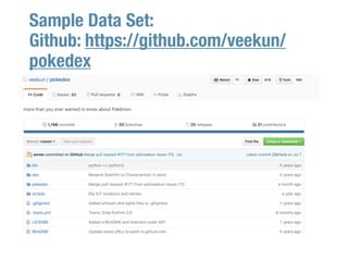 Sample Data Set:
Github: https://github.com/veekun/
pokedex
 