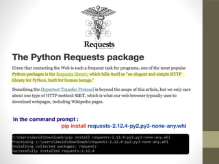 In the command prompt :
pip install requests-2.12.4-py2.py3-none-any.whl
 
