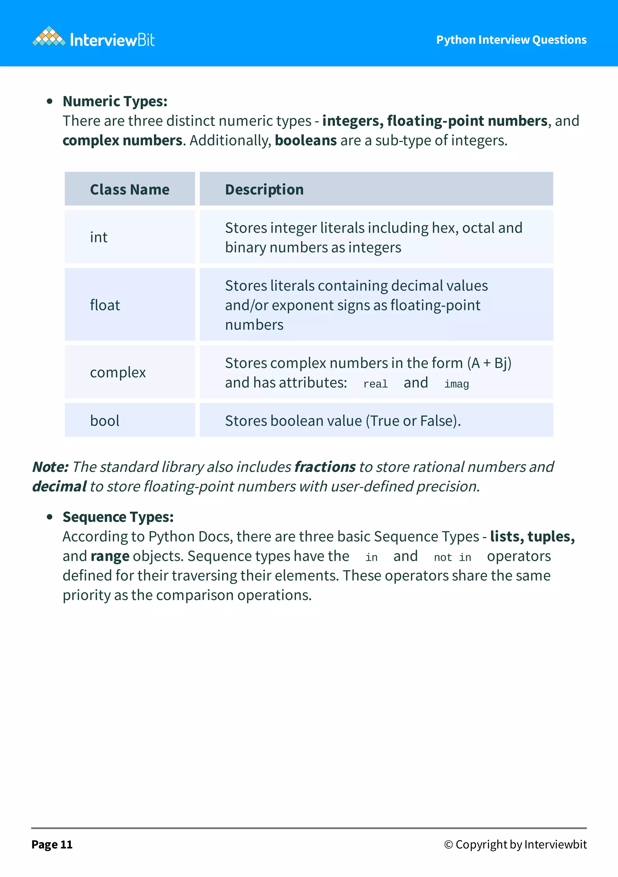 Python Interview Questions Numeric Types: There are three distinct numeric types - integers, floating-point numbers, and complex numbers. Additionally, booleans are a sub-type of integers. Class Name Description int Stores integer literals including hex, octal and binary numbers as integers float Stores literals containing decimal values and/or exponent signs as floating-point numbers complex Stores complex numbers in the form (A + Bj) and has attributes: real and imag bool Stores boolean value (True or False). Note: The standard library also includes fractions to store rational numbers and decimal to store floating-point numbers with user-defined precision. Sequence Types: According to Python Docs, there are three basic Sequence Types - lists, tuples, and range objects. Sequence types have the in and not in operators defined for their traversing their elements. These operators share the same priority as the comparison operations. Page 11 © Copyright by Interviewbit 