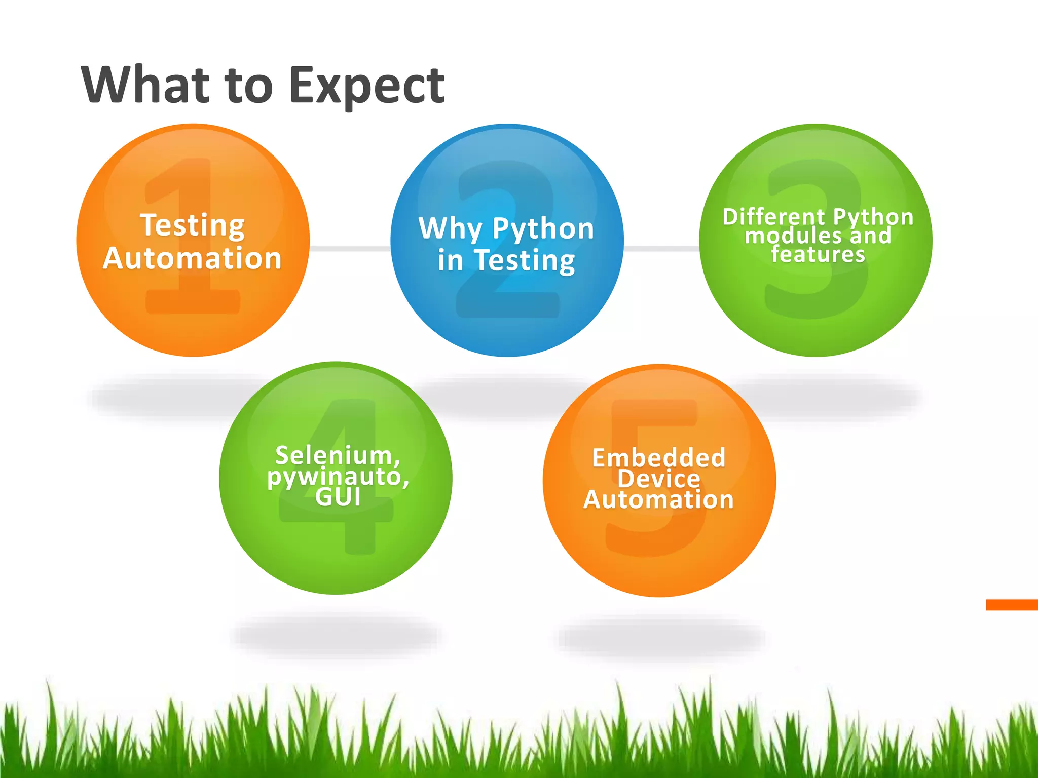 What to Expect 
Testing 
Automation 
Why Python 
in Testing 
Different Python 
modules and 
features 
Embedded 
Device 
Automation 
Selenium, 
pywinauto, 
GUI 
 