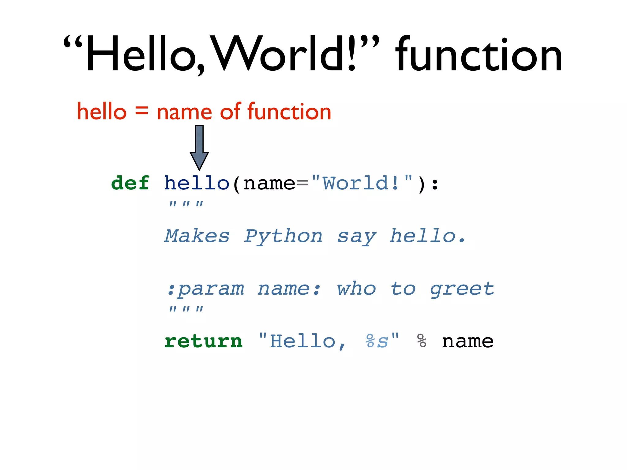 “Hello, World!” function hello = name of function def hello(name="World!"): """ Makes Python say hello. :param name: who to greet """ return "Hello, %s" % name 