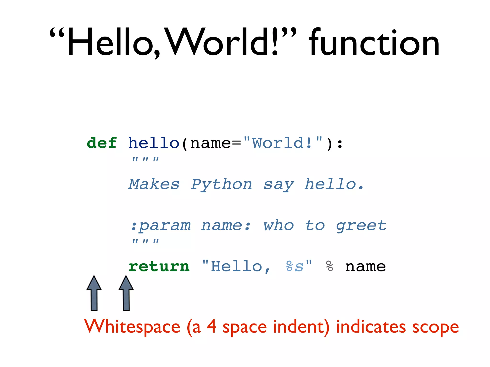 “Hello, World!” function def hello(name="World!"): """ Makes Python say hello. :param name: who to greet """ return "Hello, %s" % name Whitespace (a 4 space indent) indicates scope 