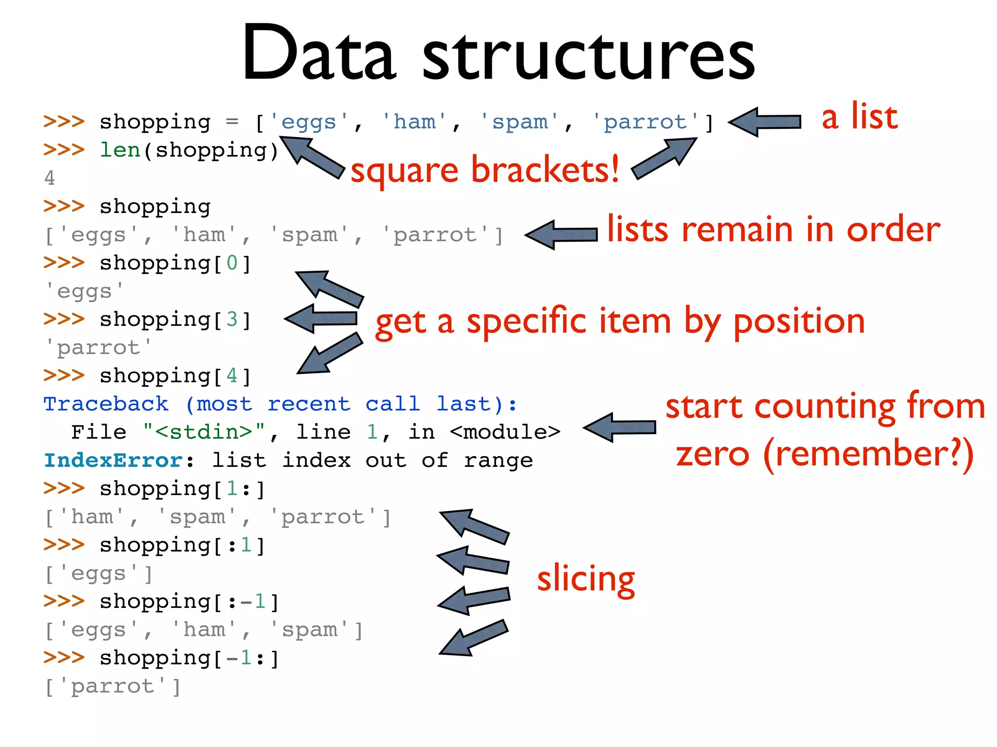 Data structures >>> shopping = ['eggs', 'ham', 'spam', 'parrot'] a list >>> len(shopping) 4 square brackets! >>> shopping ['eggs', 'ham', 'spam', 'parrot'] lists remain in order >>> shopping[0] 'eggs' >>> shopping[3] get a speciﬁc item by position 'parrot' >>> shopping[4] Traceback (most recent call last): start counting from File "<stdin>", line 1, in <module> IndexError: list index out of range zero (remember?) >>> shopping[1:] ['ham', 'spam', 'parrot'] >>> shopping[:1] ['eggs'] >>> shopping[:-1] slicing ['eggs', 'ham', 'spam'] >>> shopping[-1:] ['parrot'] 