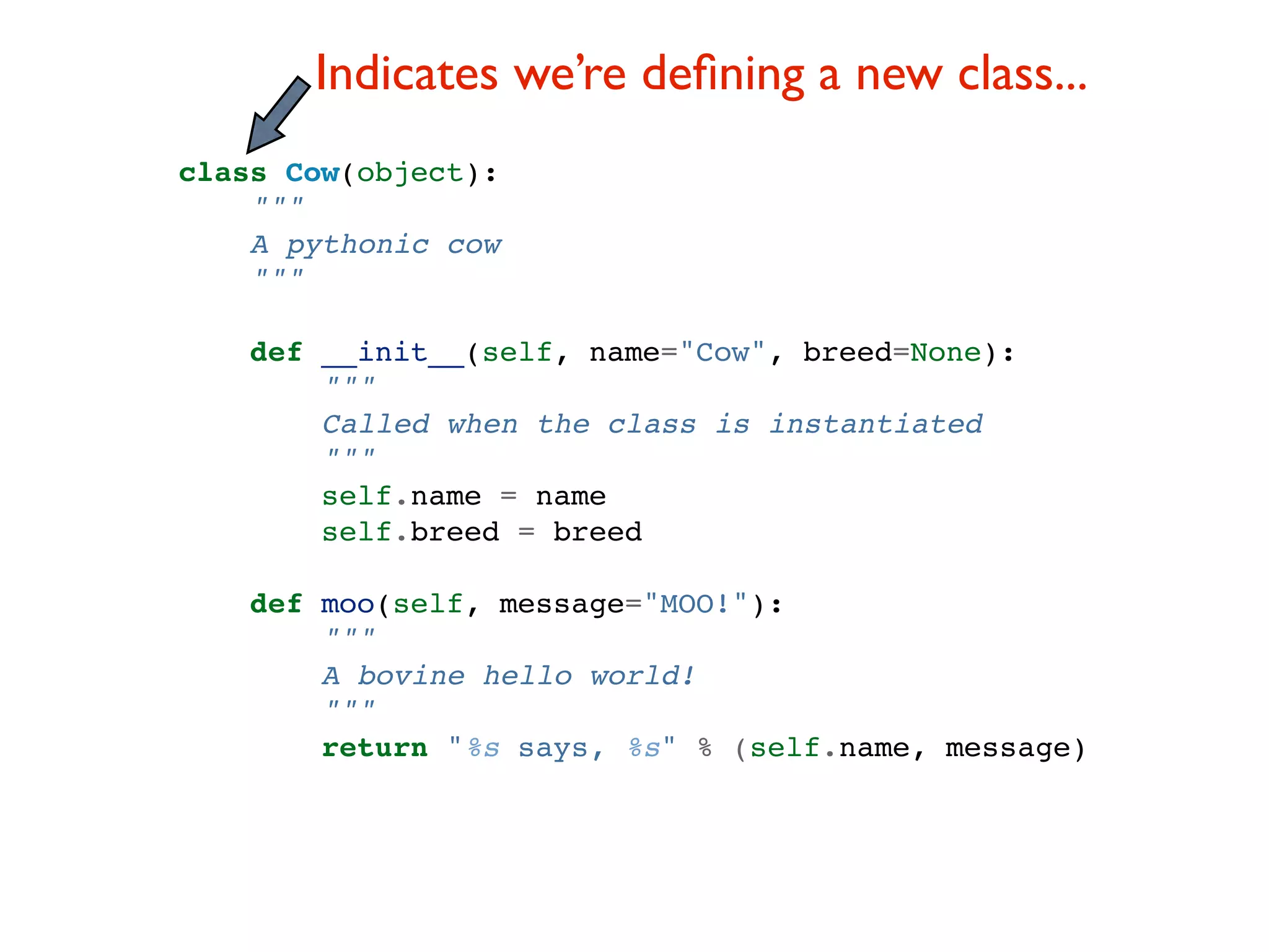 Indicates we’re deﬁning a new class... class Cow(object): """ A pythonic cow """ def __init__(self, name="Cow", breed=None): """ Called when the class is instantiated """ self.name = name self.breed = breed def moo(self, message="MOO!"): """ A bovine hello world! """ return "%s says, %s" % (self.name, message) 