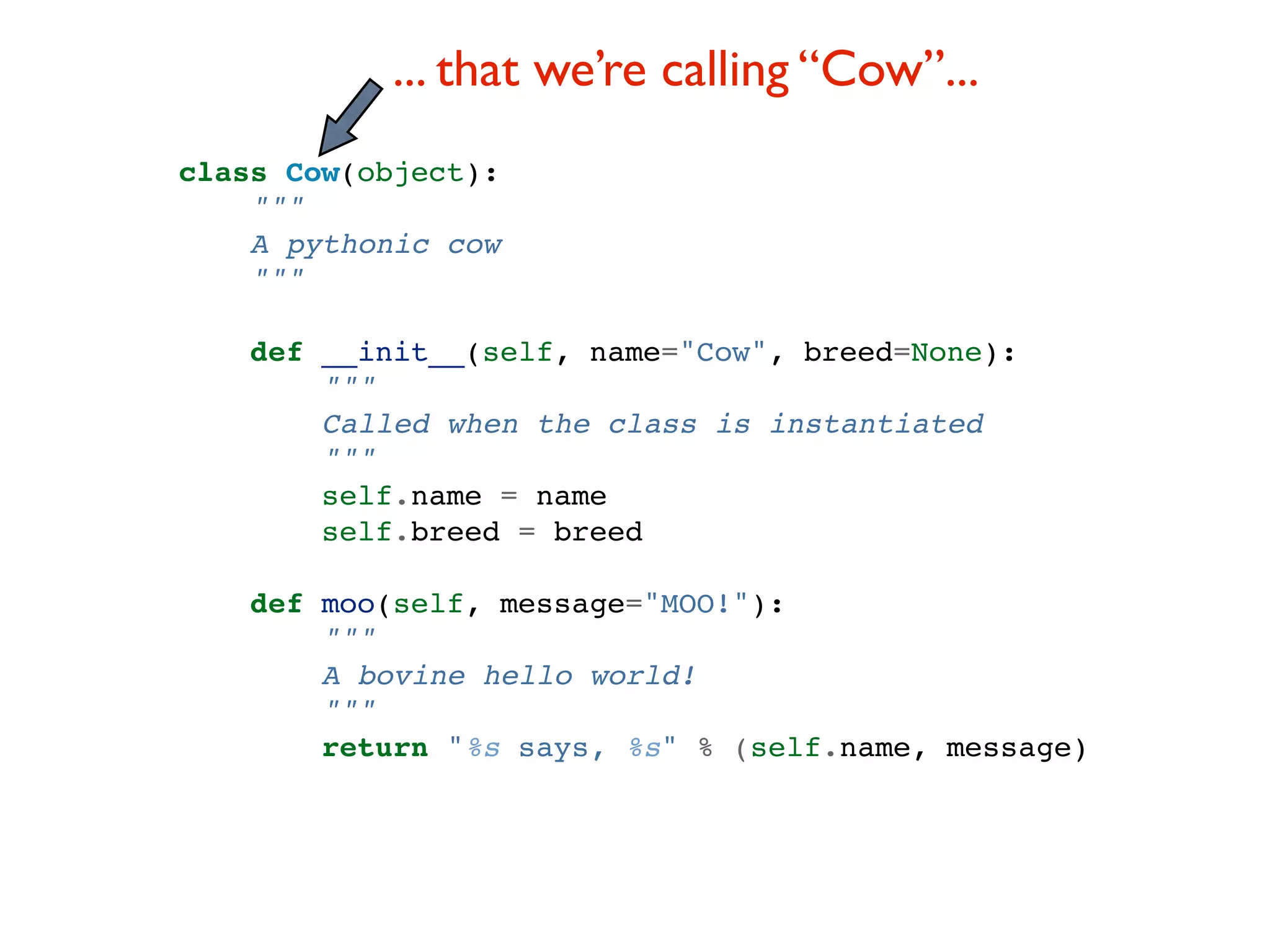 ... that we’re calling “Cow”... class Cow(object): """ A pythonic cow """ def __init__(self, name="Cow", breed=None): """ Called when the class is instantiated """ self.name = name self.breed = breed def moo(self, message="MOO!"): """ A bovine hello world! """ return "%s says, %s" % (self.name, message) 