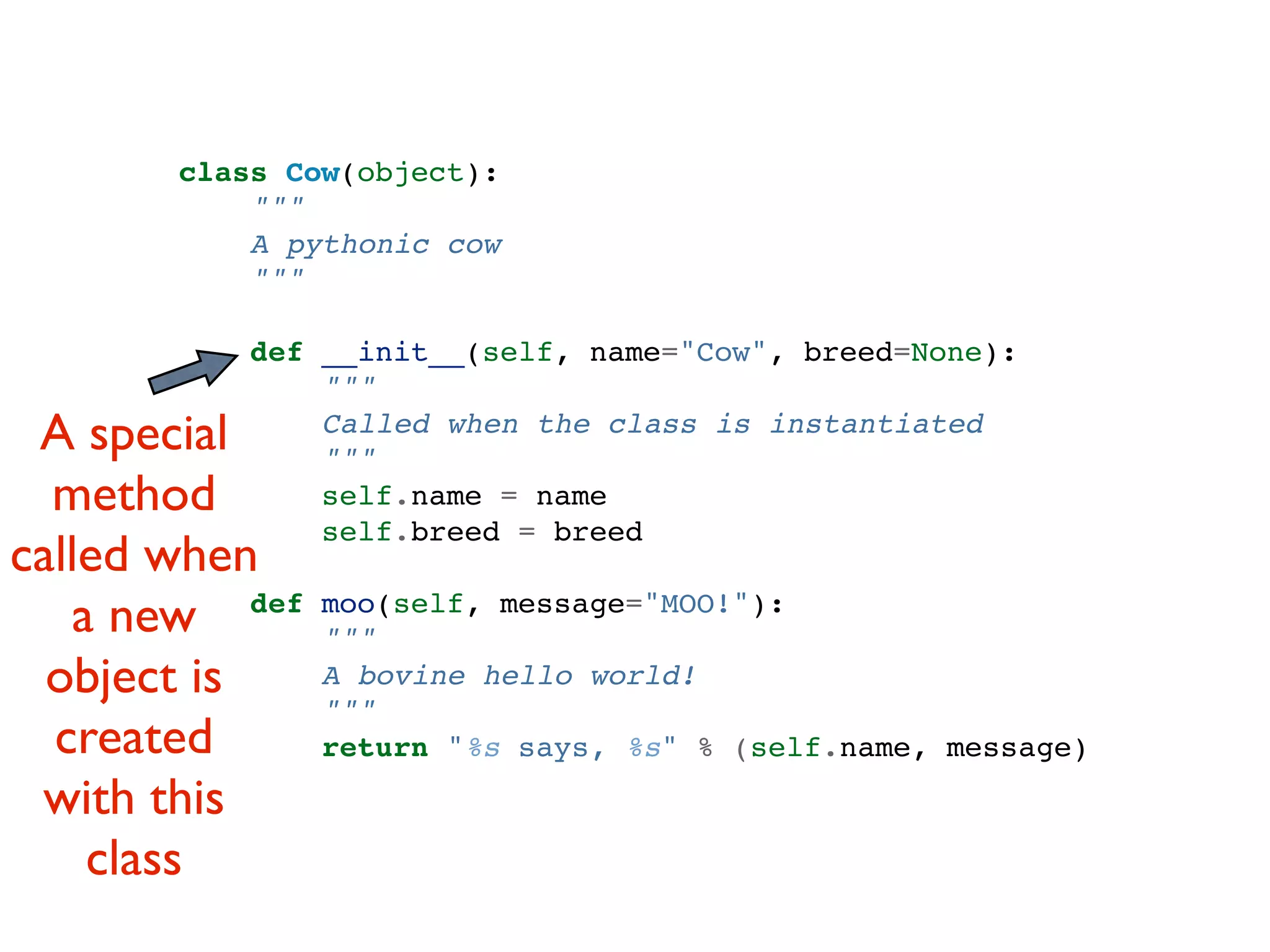 class Cow(object): """ A pythonic cow """ def __init__(self, name="Cow", breed=None): """ A special Called when the class is instantiated """ method self.name = name self.breed = breed called when a new def moo(self, message="MOO!"): """ object is A bovine hello world! """ created return "%s says, %s" % (self.name, message) with this class 
