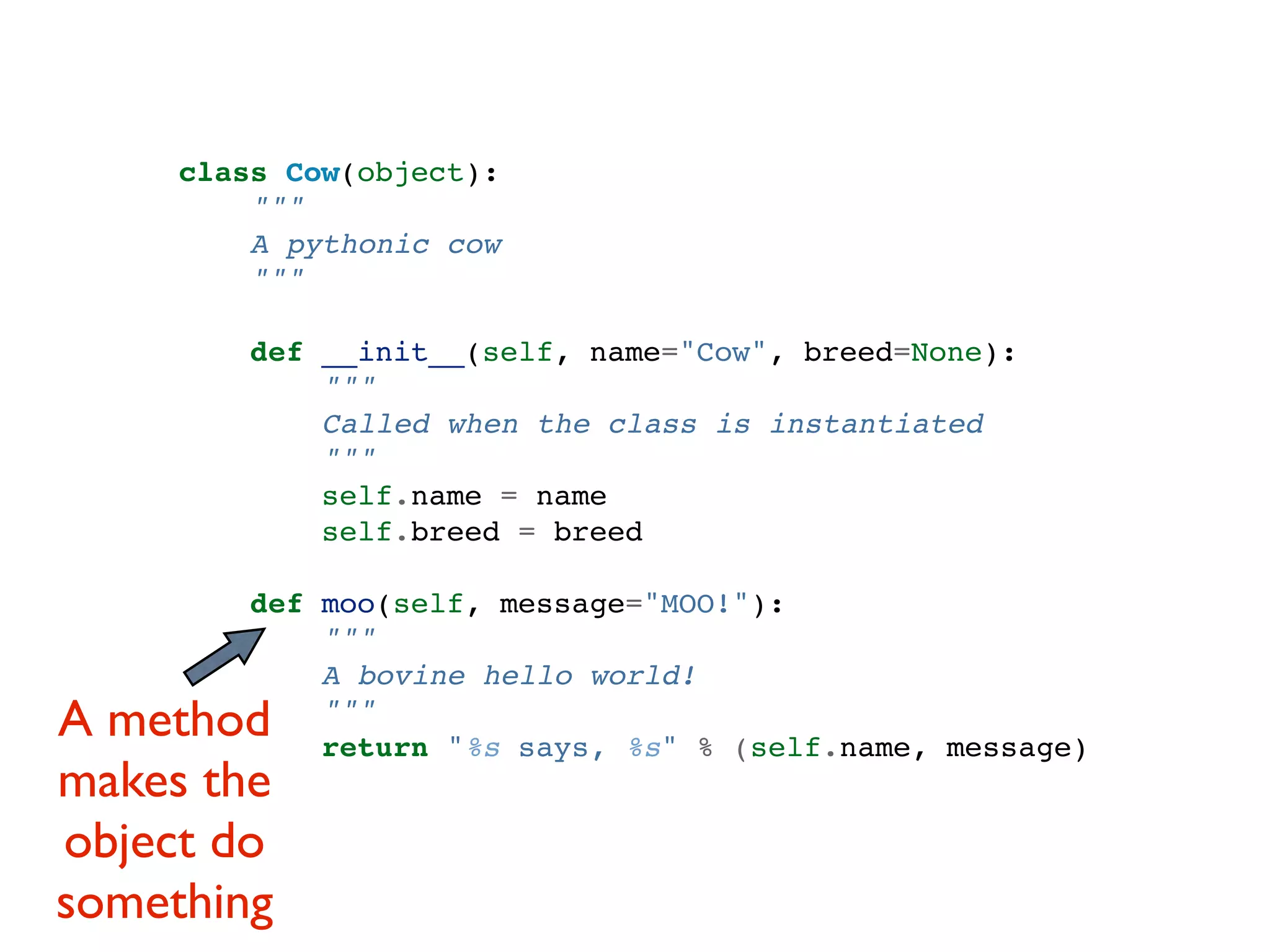 class Cow(object): """ A pythonic cow """ def __init__(self, name="Cow", breed=None): """ Called when the class is instantiated """ self.name = name self.breed = breed def moo(self, message="MOO!"): """ A bovine hello world! A method """ return "%s says, %s" % (self.name, message) makes the object do something 